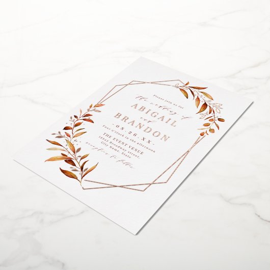 Herfst Greenery Roos Gold Geometric Rustic Wedding Folie Uitnodiging (Gedraaid)