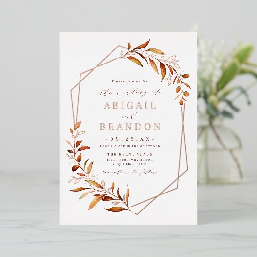 Herfst Greenery Roos Gold Geometric Rustic Wedding Folie Uitnodiging (Staand Voorkant)