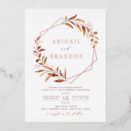 Herfst Greenery Roos Gold Geometric Rustic Wedding Folie Uitnodiging (Voorkant)
