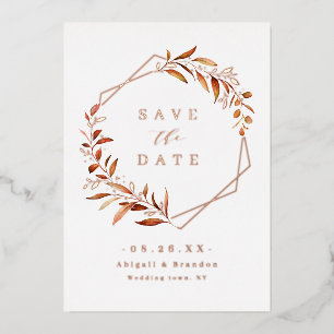 Herfst Greenery Roos Gold Geometric Save the date Folie Uitnodiging