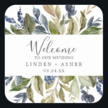 Herfst Greenery Wedding Welkom Vierkante Sticker<br><div class="desc">Deze herfstherfstbruinbruiloft is een perfecte sticker voor een herfstbruiloft. Het moderne rustische ontwerp is voorzien van blauw,  groene en goudbladeren met donkerblauwe bloemen. Pas deze stickers aan met de locatie van je bruiloft,  namen en trouwdatum. Deze etiketten zijn perfect voor bestemmingsbruiloften en hotelgastwelkomstzakken.</div>