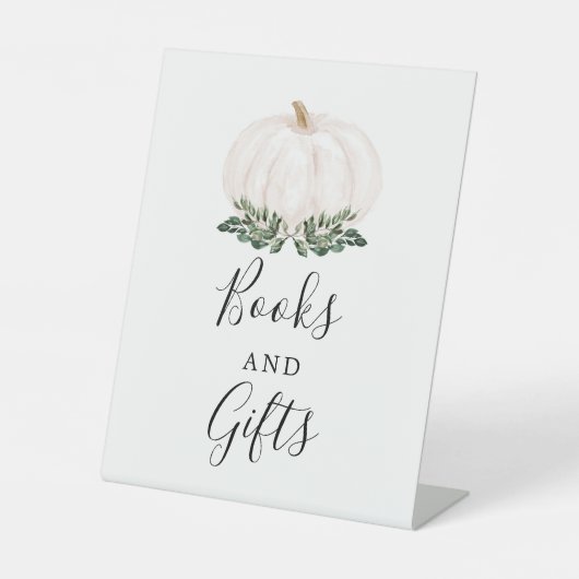 Herfst Greenery White Pumpkin Books and Gifts Reclamebord Met Voetstuk (Voorkant)