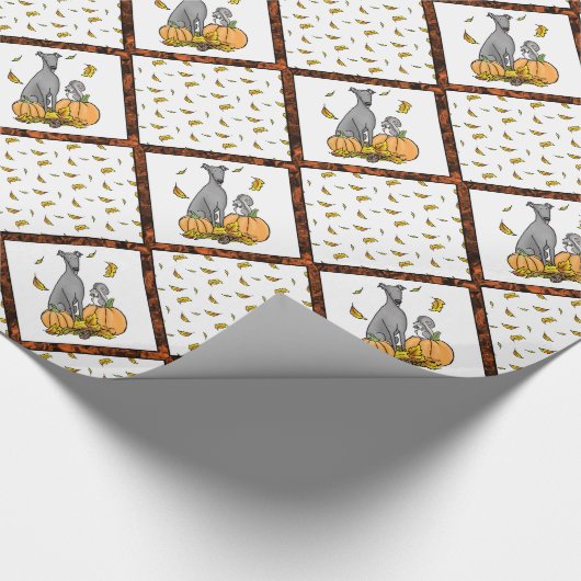 Herfst Greyhound (grijs) Dog Pumpkins Leaves Funny Cadeaupapier (Hoek)