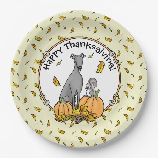 Herfst Greyhound (grijs) Dog Pumpkins Leaves Funny Papieren Bordje (Voorkant)