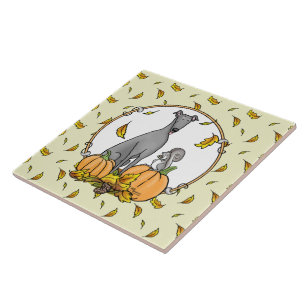 Herfst Greyhound (grijs) Dog Pumpkins Leaves Funny Tegeltje
