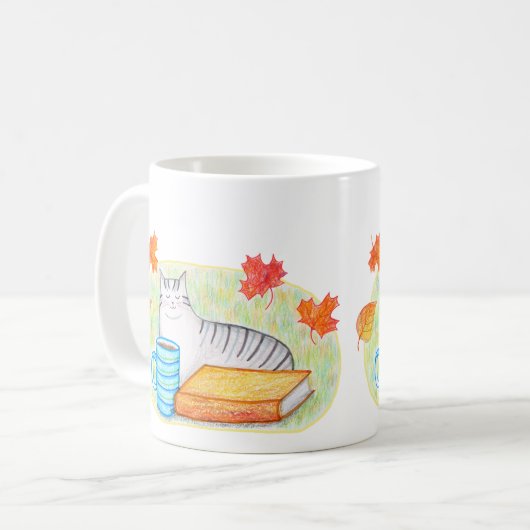 Herfst Grijze Kat Met Boek En Koffie Kat Liefhebbe Koffiemok (Voorkant links)