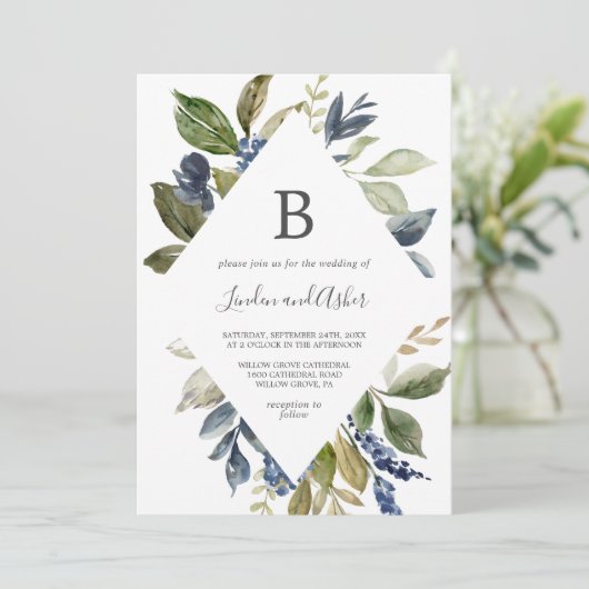 Herfst groen diamant monogram bruiloft kaart (Staand voorkant)