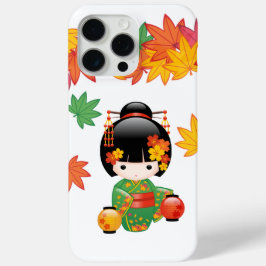 Herfst Groene Kimono Kokeshi Pop Maple Bladeren iPhone 15 Pro Max Hoesje