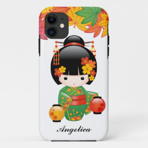 Herfst Groene Kimono Kokeshi Pop Maple Bladeren Case-Mate iPhone Case