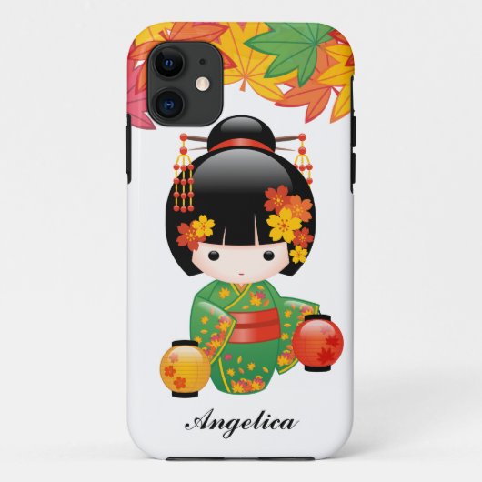 Herfst Groene Kimono Kokeshi Pop Maple Bladeren Case-Mate iPhone Case (Achterkant)