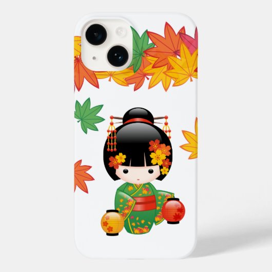 Herfst Groene Kimono Kokeshi Pop Maple Bladeren Case-Mate iPhone Case (Achterkant)