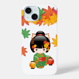 Herfst Groene Kimono Kokeshi Pop Maple Bladeren iPhone 15 Case
