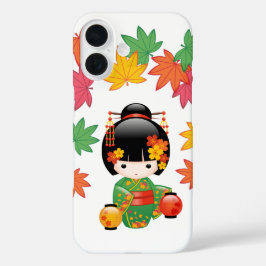 Herfst Groene Kimono Kokeshi Pop Maple Bladeren iPhone 16 Hoesje