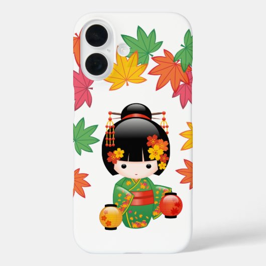 Herfst Groene Kimono Kokeshi Pop Maple Bladeren Case-Mate iPhone Case (Achterkant)