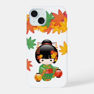 Herfst Groene Kimono Kokeshi Pop Maple Bladeren iPhone 15 Case
