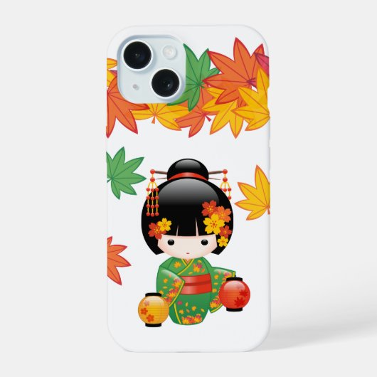 Herfst Groene Kimono Kokeshi Pop Maple Bladeren iPhone 15 Case (Achterkant)