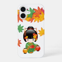 Herfst Groene Kimono Kokeshi Pop Maple Bladeren iPhone 16 Hoesje