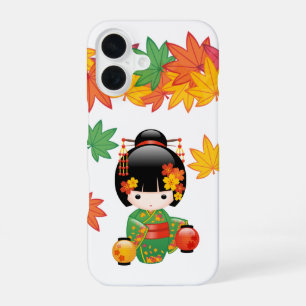 Herfst Groene Kimono Kokeshi Pop Maple Bladeren iPhone 16 Hoesje