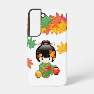 Herfst Groene Kimono Kokeshi Pop Maple Bladeren Samsung Galaxy Hoesje