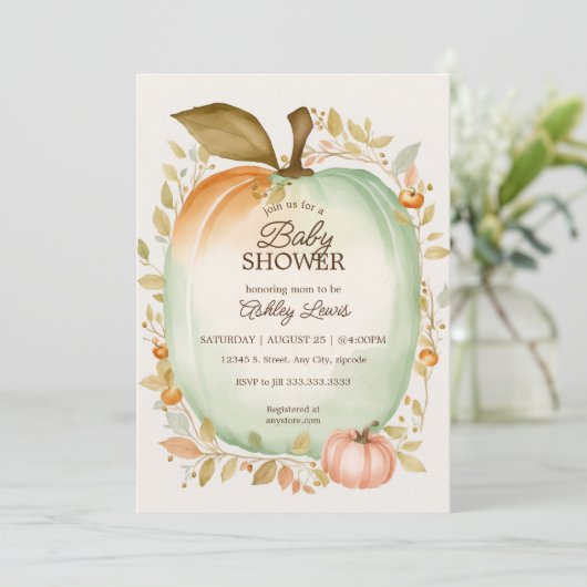 Herfst groene pompoen baby shower waterverf pompoe kaart (Staand voorkant)