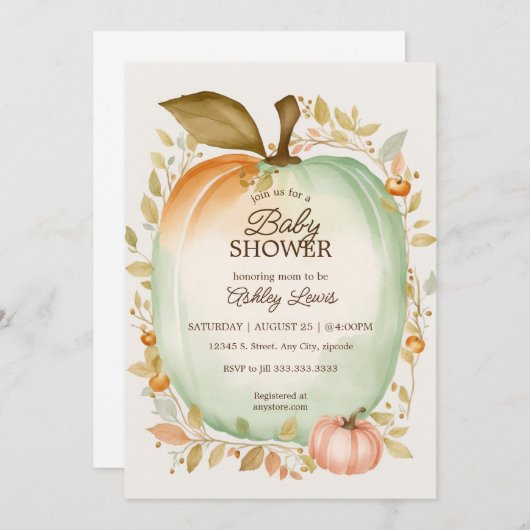 Herfst groene pompoen baby shower waterverf pompoe kaart (Voorkant / Achterkant)