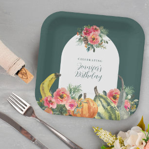 Herfst Groene Pompoenen Roze Bloemen Verjaardagsfe Papieren Bordje