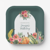 Herfst Groene Pompoenen Roze Bloemen Verjaardagsfe Papieren Bordje (Voorkant)