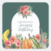 Herfst Groene Pompoenen Roze Bloemen Verjaardagsfe Vierkante Sticker (Voorkant)
