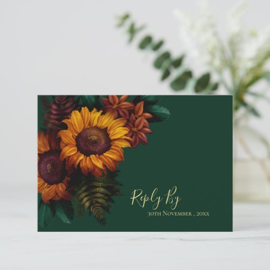  Herfst Groene Zonnebloem Rustieke Fall Wedding RSVP Kaartje (Staand voorkant)