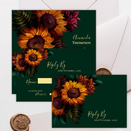  Herfst Groene Zonnebloem Rustieke Fall Wedding RSVP Kaartje