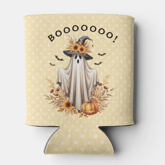 Herfst Halloween Ghost met pompoenen en zonnebloem Blikjeskoeler (Achterkant)