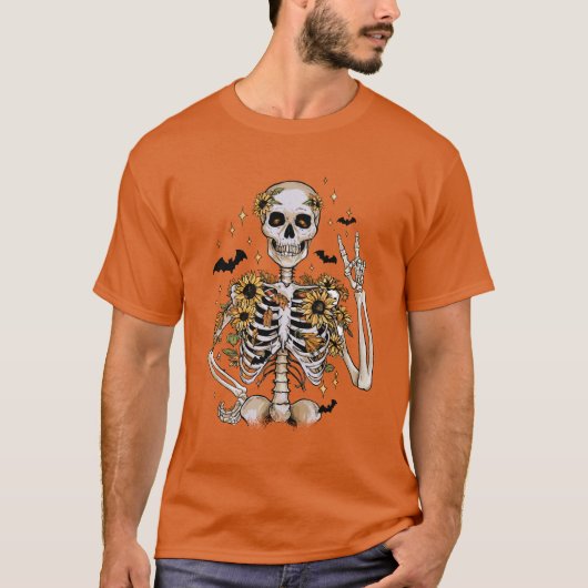 Herfst Halloween Skeleton Sinaasappel T-shirt (Voorkant)