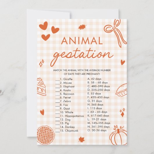 Herfst Hand Drawn Animal Gestation Baby shower Gam Kaart (Voorkant)