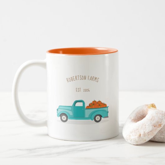 Herfst Harvest  Blue Truck Tweekleurige Koffiemok (Met donut)