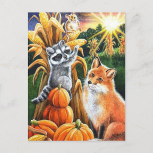 Herfst Harvest Corn Red Fox Raccoon Waterverf Art Briefkaart