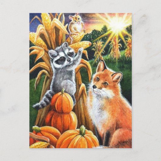 Herfst Harvest Corn Red Fox Raccoon Waterverf Art Briefkaart (Voorkant)