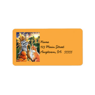 Herfst Harvest Corn Red Fox Raccoon Waterverf Art Etiket