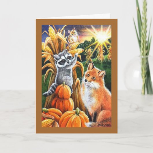 Herfst Harvest Corn Red Fox Raccoon Waterverf Art Kaart (Voorkant)
