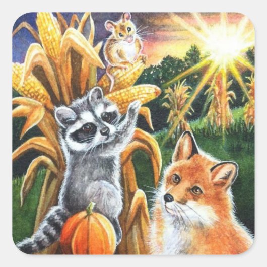 Herfst Harvest Corn Red Fox Raccoon Waterverf Art Vierkante Sticker (Voorkant)