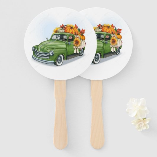 Herfst Harvest in een Green Truck Hand Fan Handwaaier (Voorkant en achterkant)