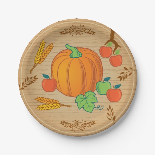 Herfst Harvest Pumpkin Apple Wood Papieren Bordje (Voorkant)
