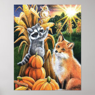 Herfst Harvest Red Fox Raccoon Waterverf 11x14 Poster