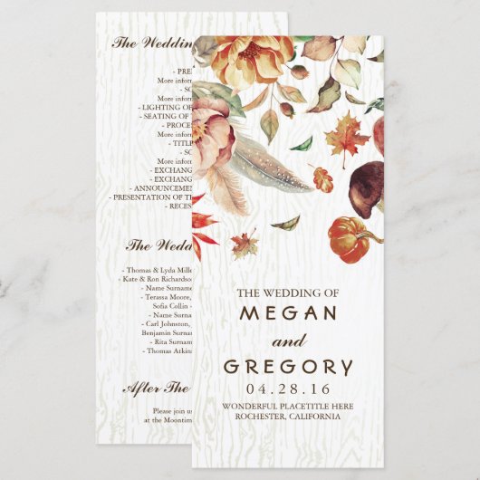 Herfst Harvest Rustic Pumpkin Floral Wedding Progr Programmakaart (Voorkant / Achterkant)
