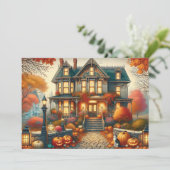 Herfst Haunted House Pumpkin Halloween Feestdagenkaart (Staand voorkant)
