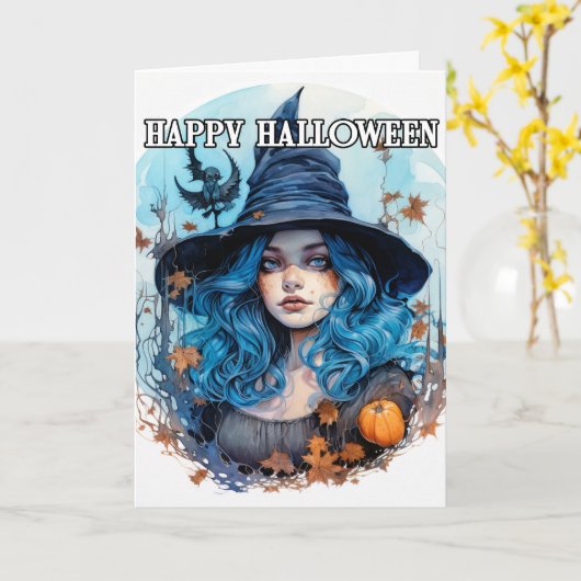 Herfst Heks | Gelukkig Halloween Kaart (Gele Bloem)