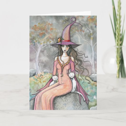 Herfst Heks Witte Kat Kunstkaart Kaart (Voorkant)
