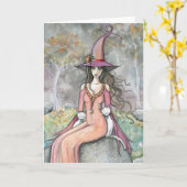 Herfst Heks Witte Kat Kunstkaart Kaart (Gele Bloem)