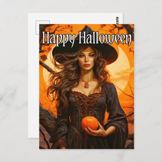 Herfst Heksenillustratie | Happy Halloween Briefkaart (Voorkant / Achterkant)