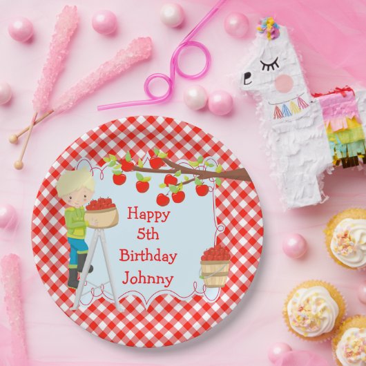 Herfst Herfst Appel plukken Blondine Jongen Verjaa Papieren Bordje (Feest)