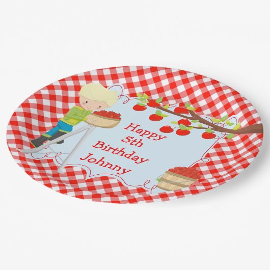 Herfst Herfst Appel plukken Blondine Jongen Verjaa Papieren Bordje (Gekanteld)